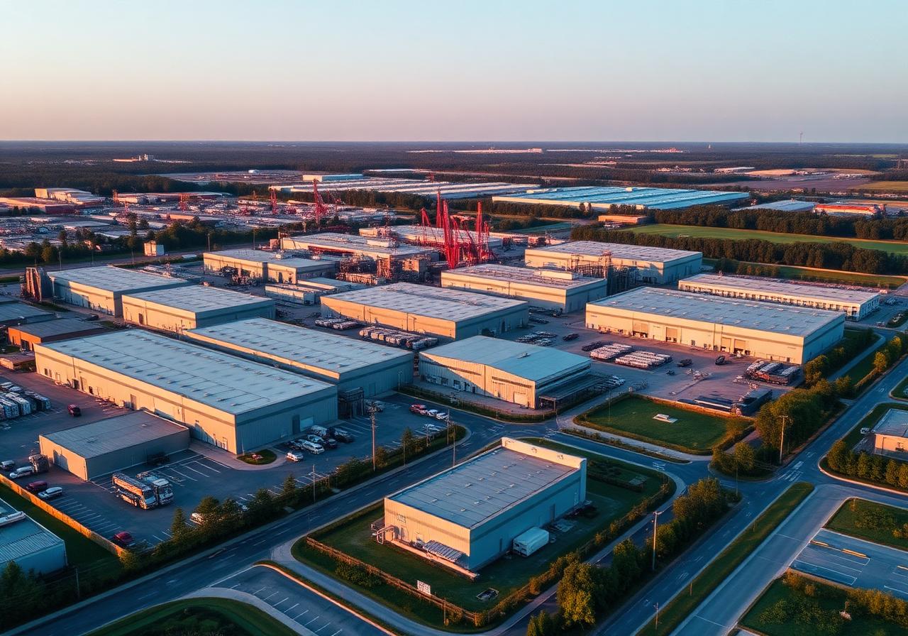 Aerial view of a modern industrial campus at golden hour