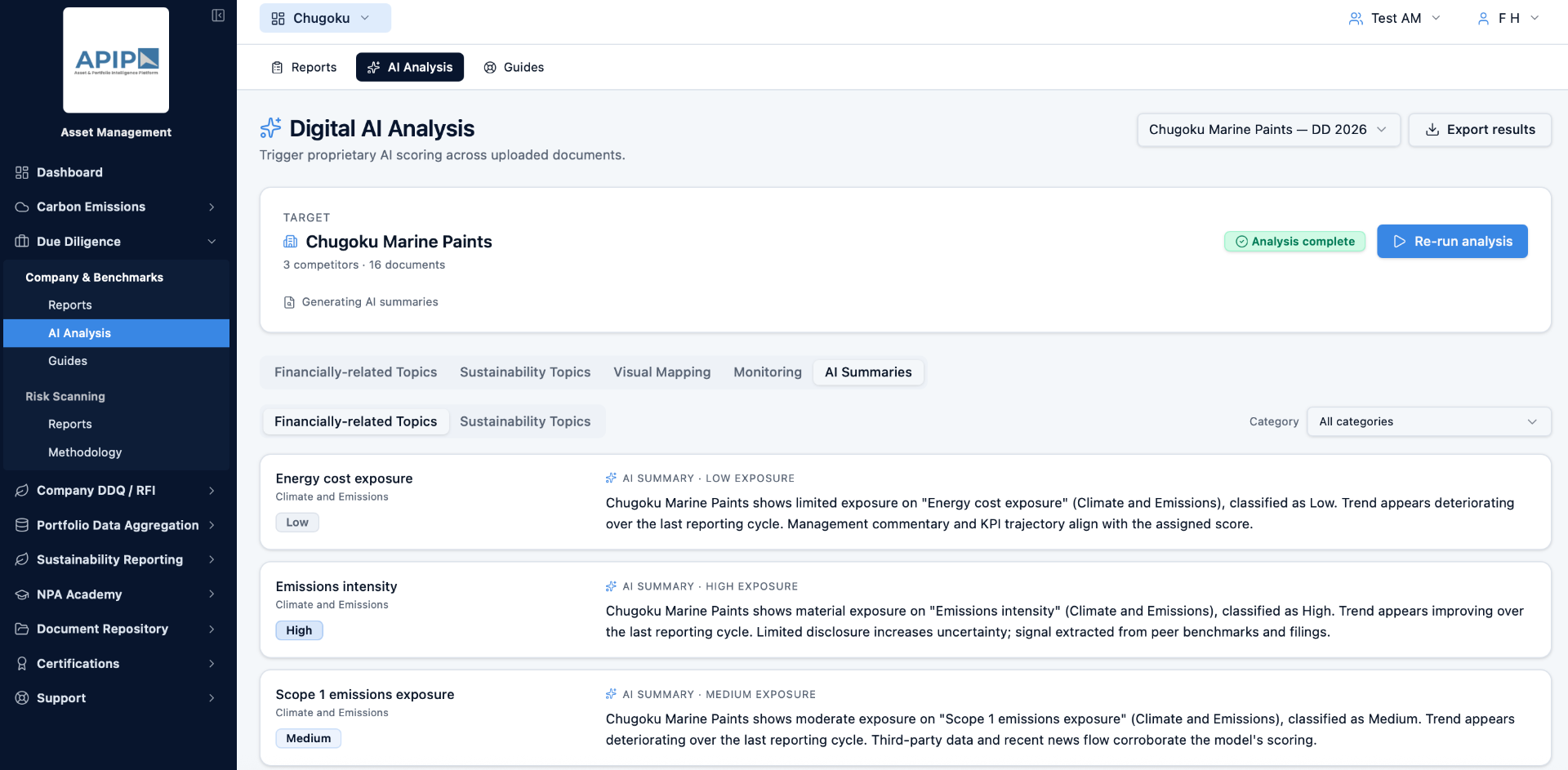 APIP AI Summaries view showing per-topic narrative explanations of exposure and trend for the target company