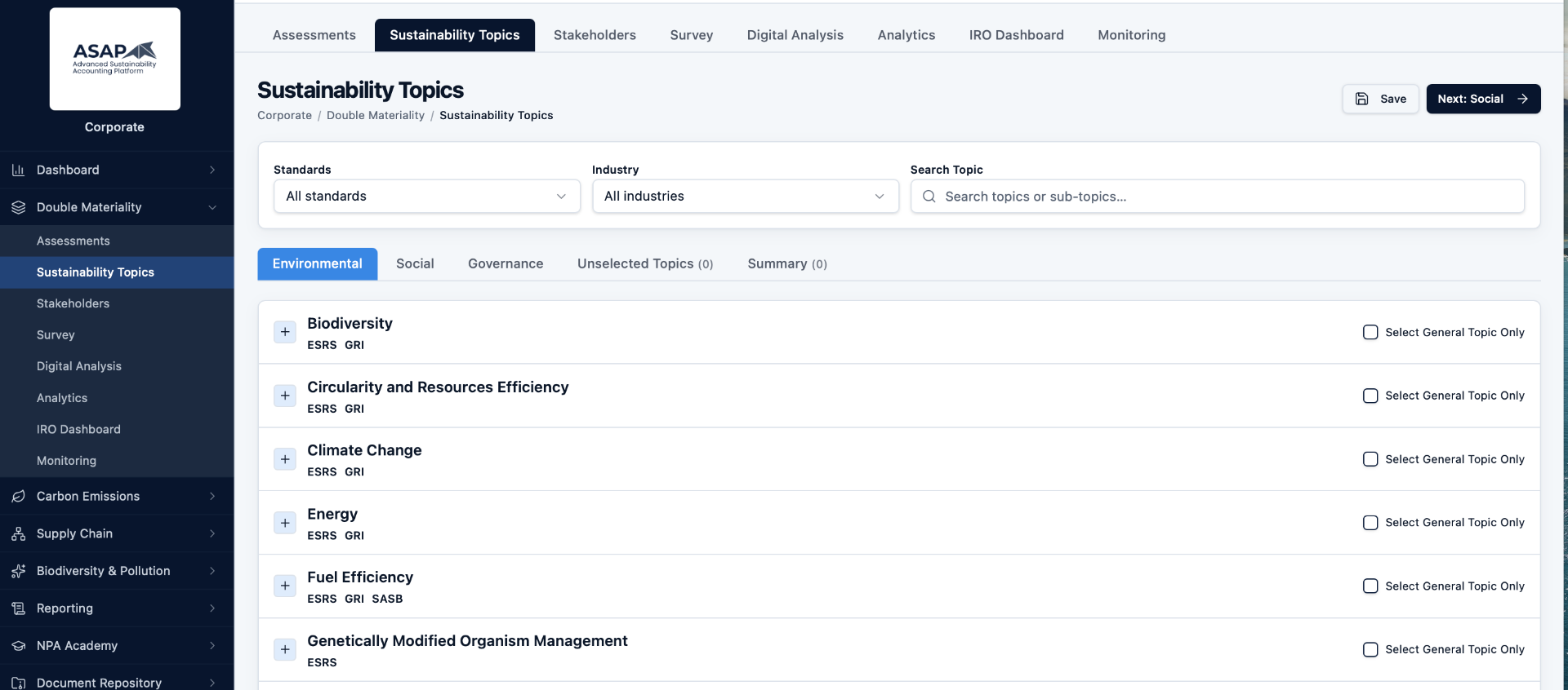 ASAP Sustainability Topics tab showing ESRS and GRI topic library with industry filters