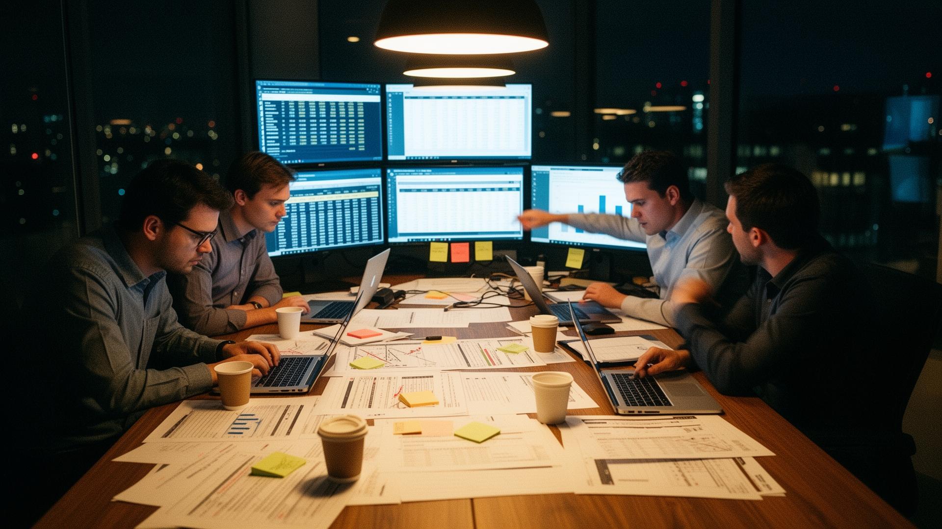 Diverse private equity team collaborating in a sunlit deal room