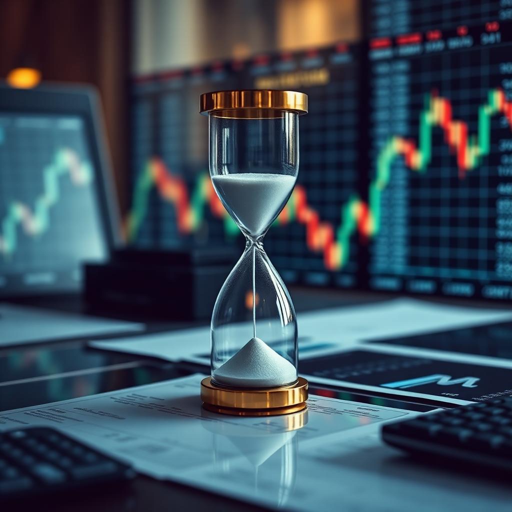 Hourglass on a desk against a backdrop of financial market charts