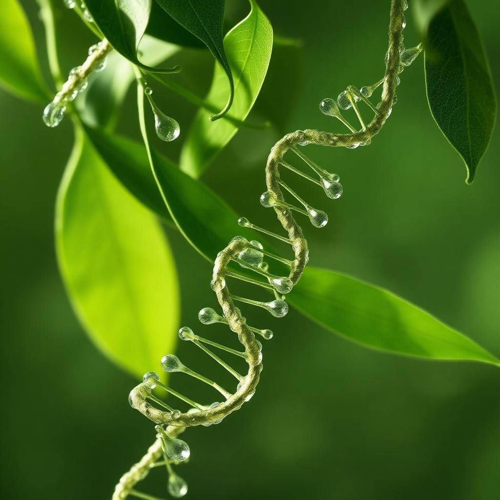 DNA strands intertwined with green leaves and water droplets, illustrating environmental DNA (eDNA)