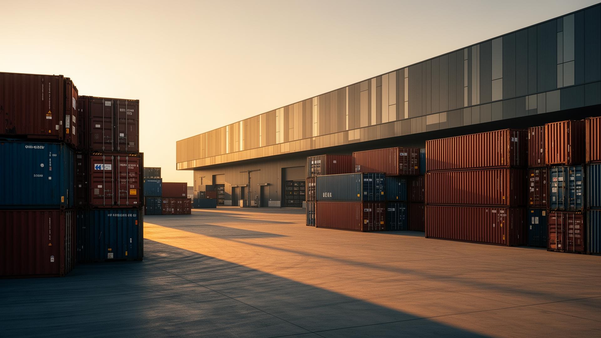 Interior of a small European manufacturing workshop with stacked supply crates and warm overhead light