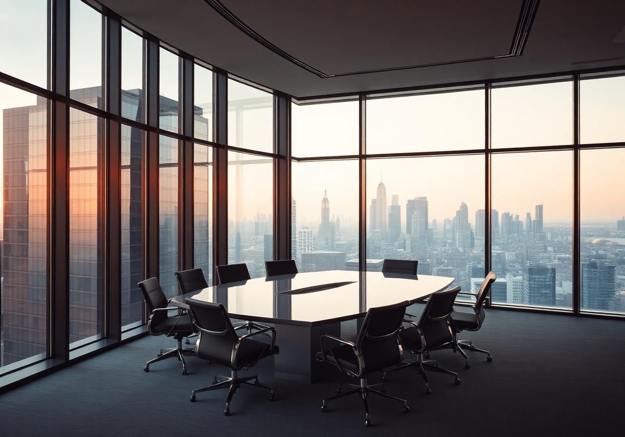 Boardroom overlooking a city skyline