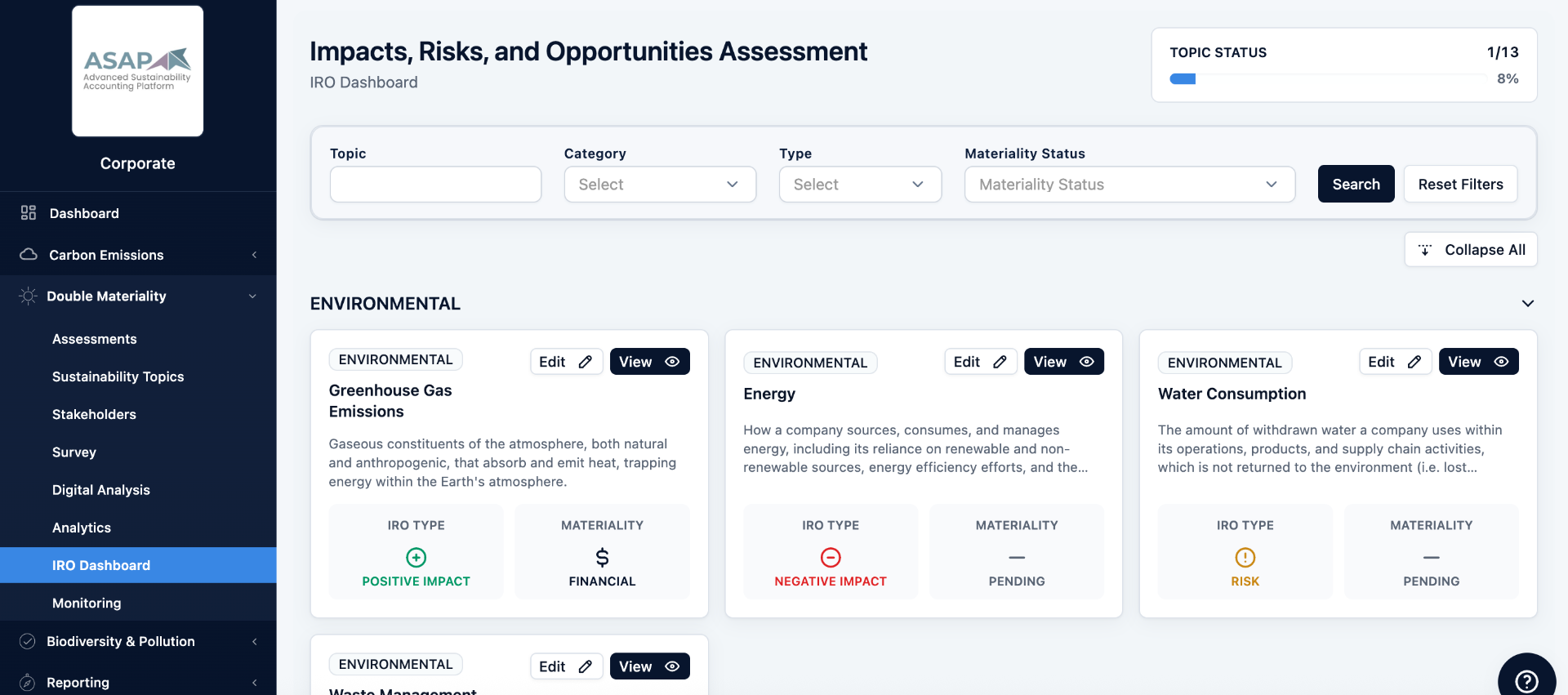 ASAP IRO Dashboard showing impacts, risks and opportunities per sustainability topic