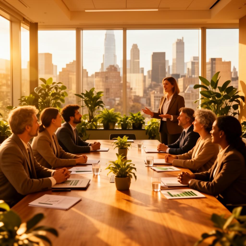 Warm sunlit boardroom with investors engaged in conversation
