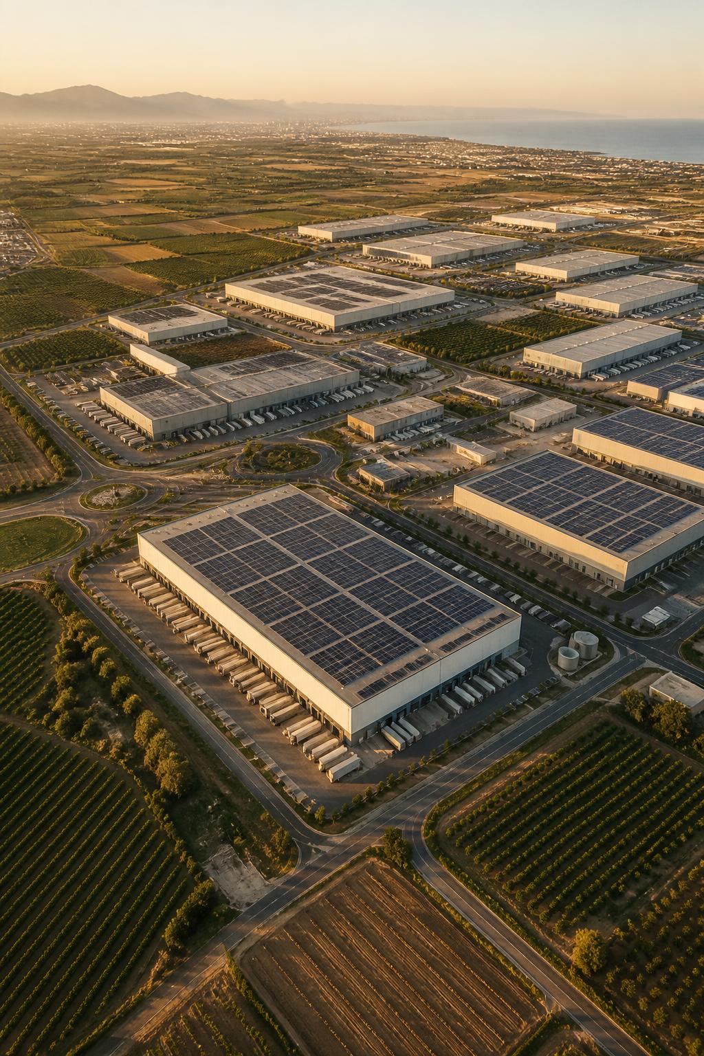 Vista aérea de un campus industrial y logístico en Valencia al atardecer