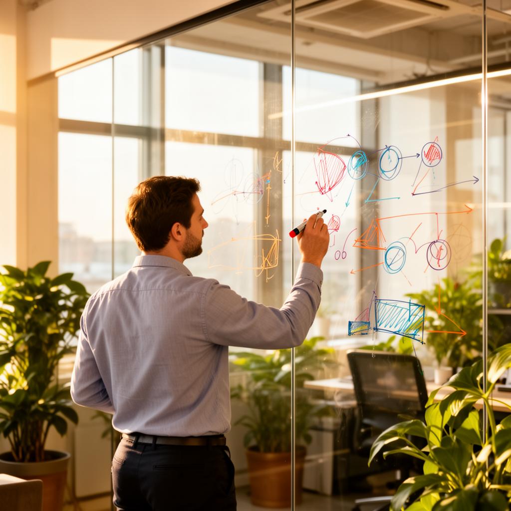 Consultant mapping a responsible investment framework on a glass wall