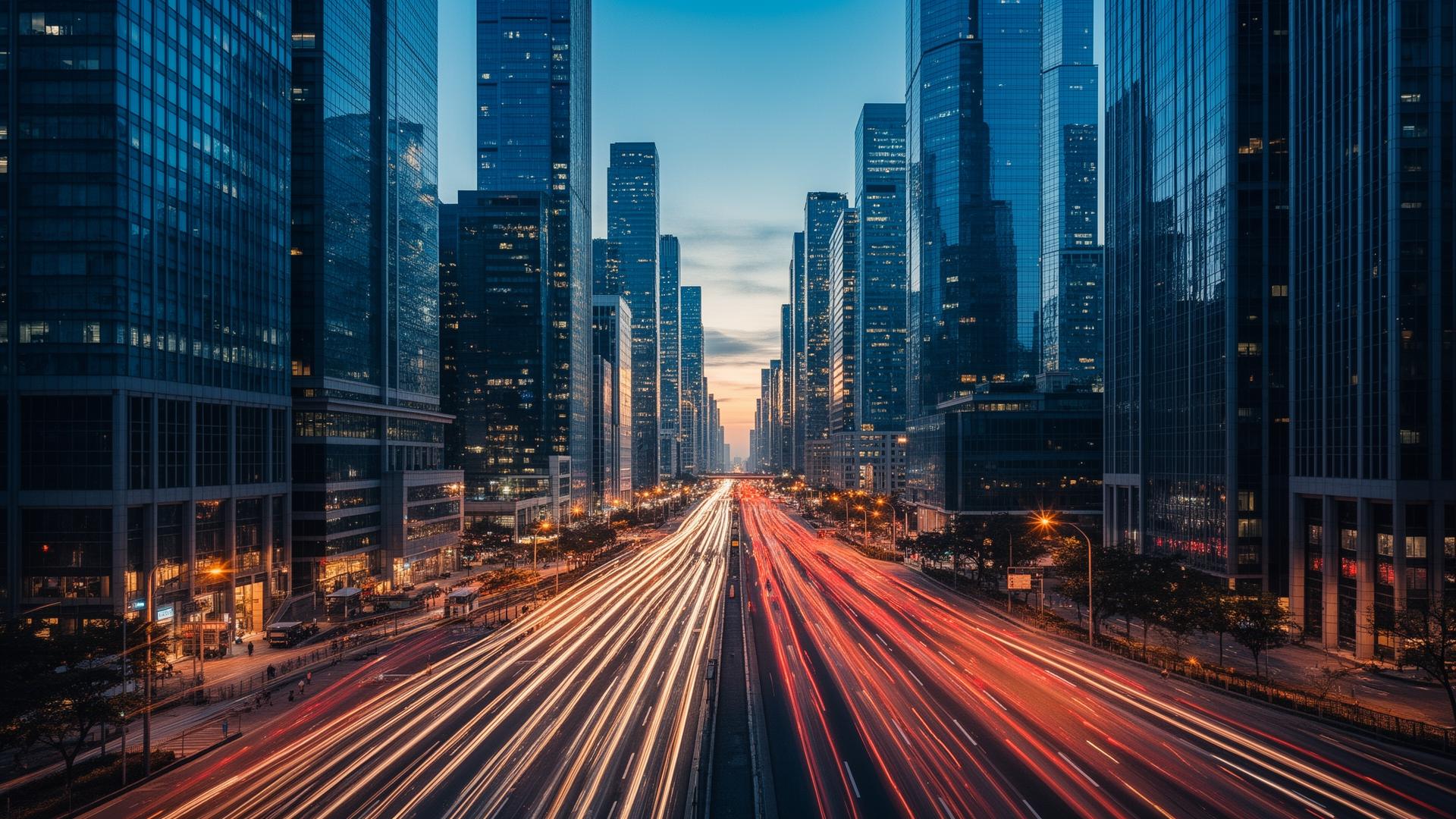 Urban skyline at dusk with streaks of light
