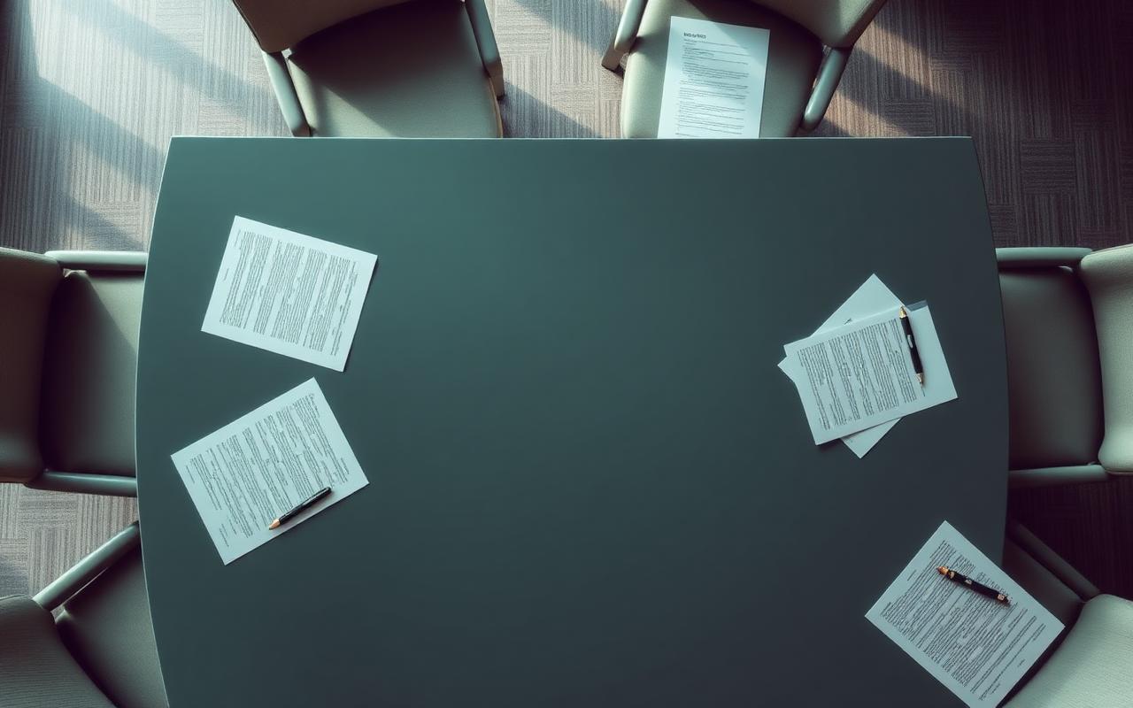 Overhead view of an empty corporate boardroom table with scattered documents