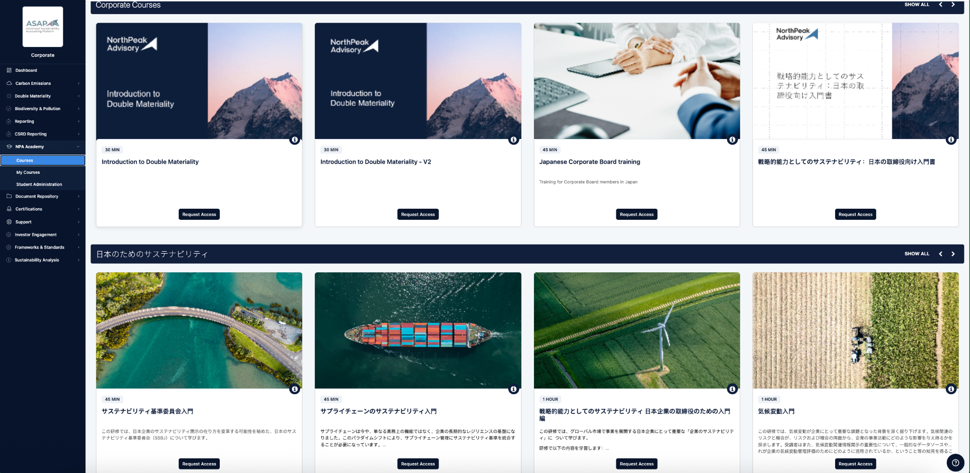 NPA Academy corporate courses dashboard showing sustainability training modules