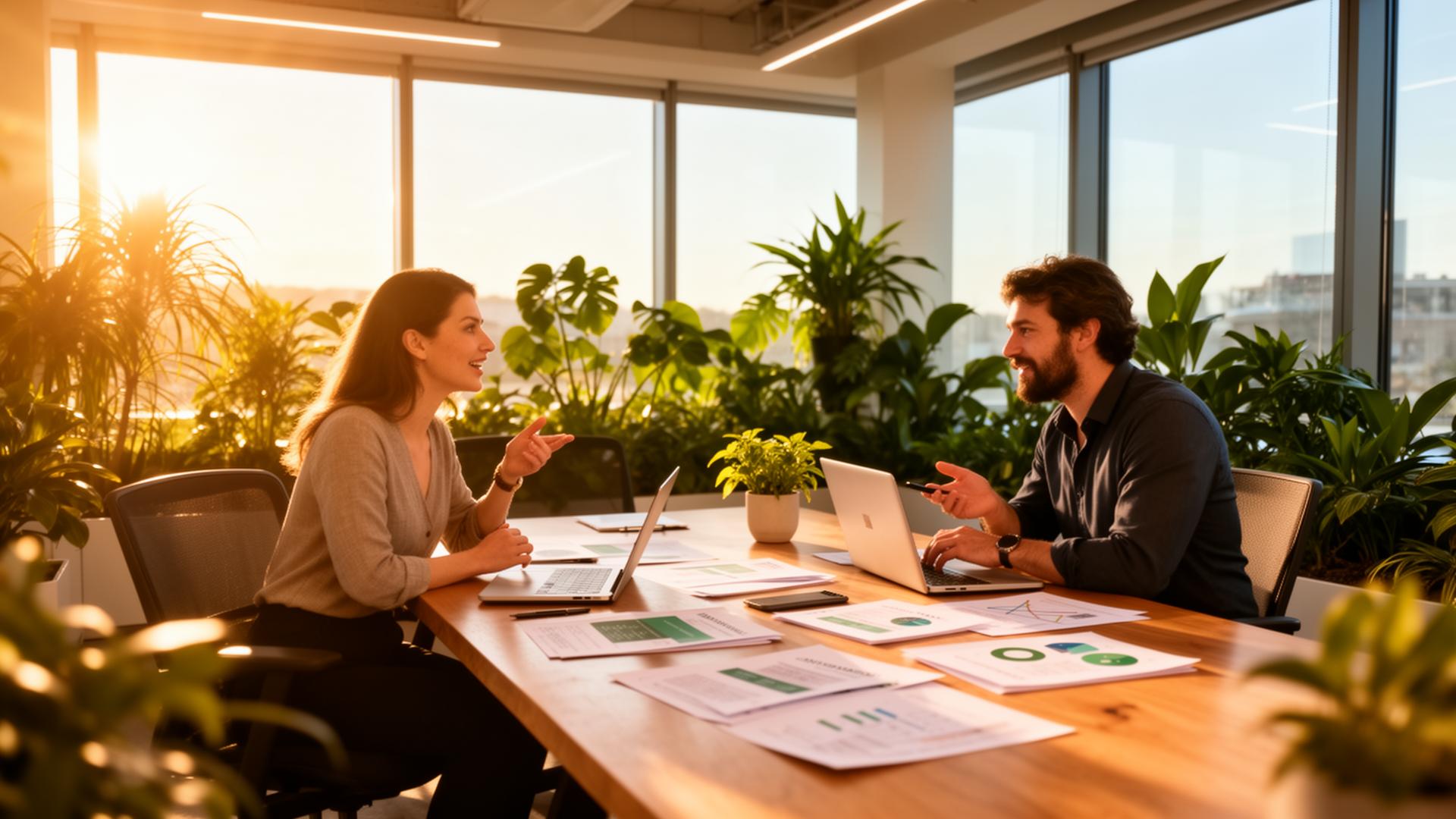 Two consultants discussing sustainability strategy in a sunlit office