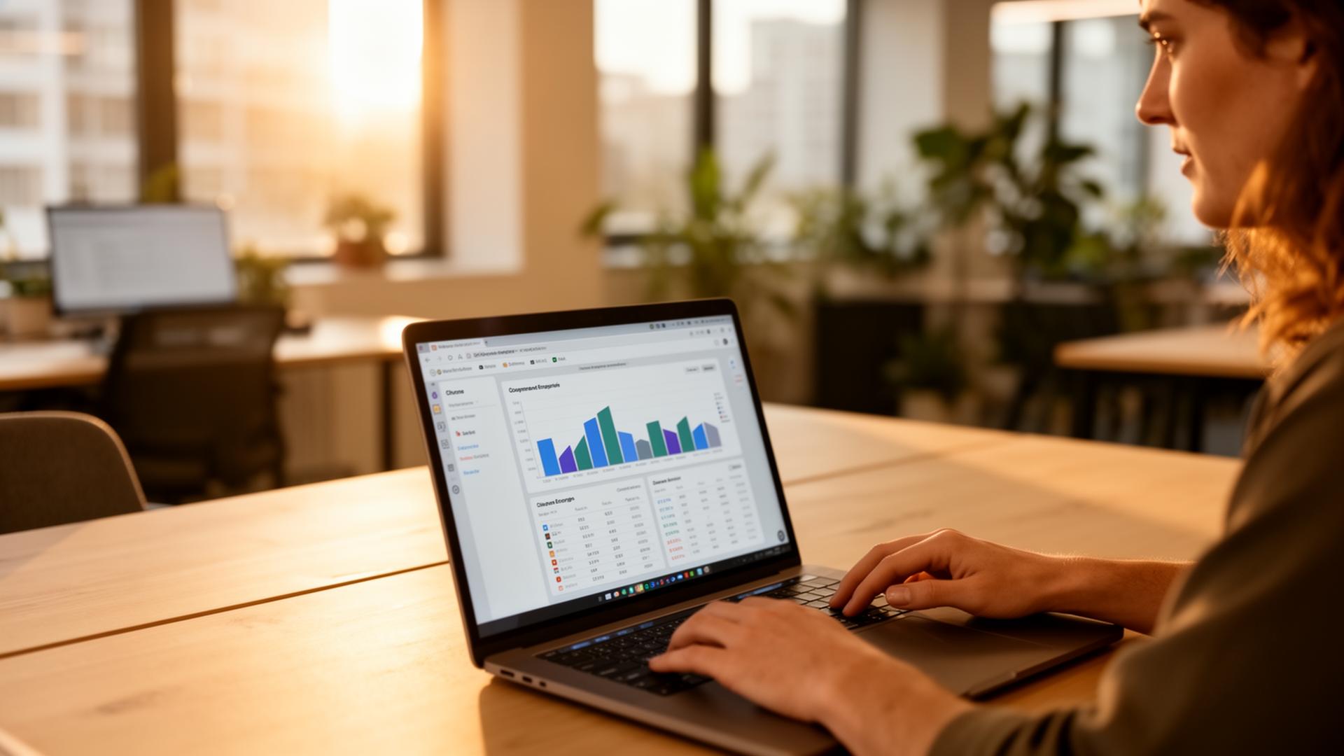 Sustainability consultant analyzing climate and energy data on a laptop in a sunlit office