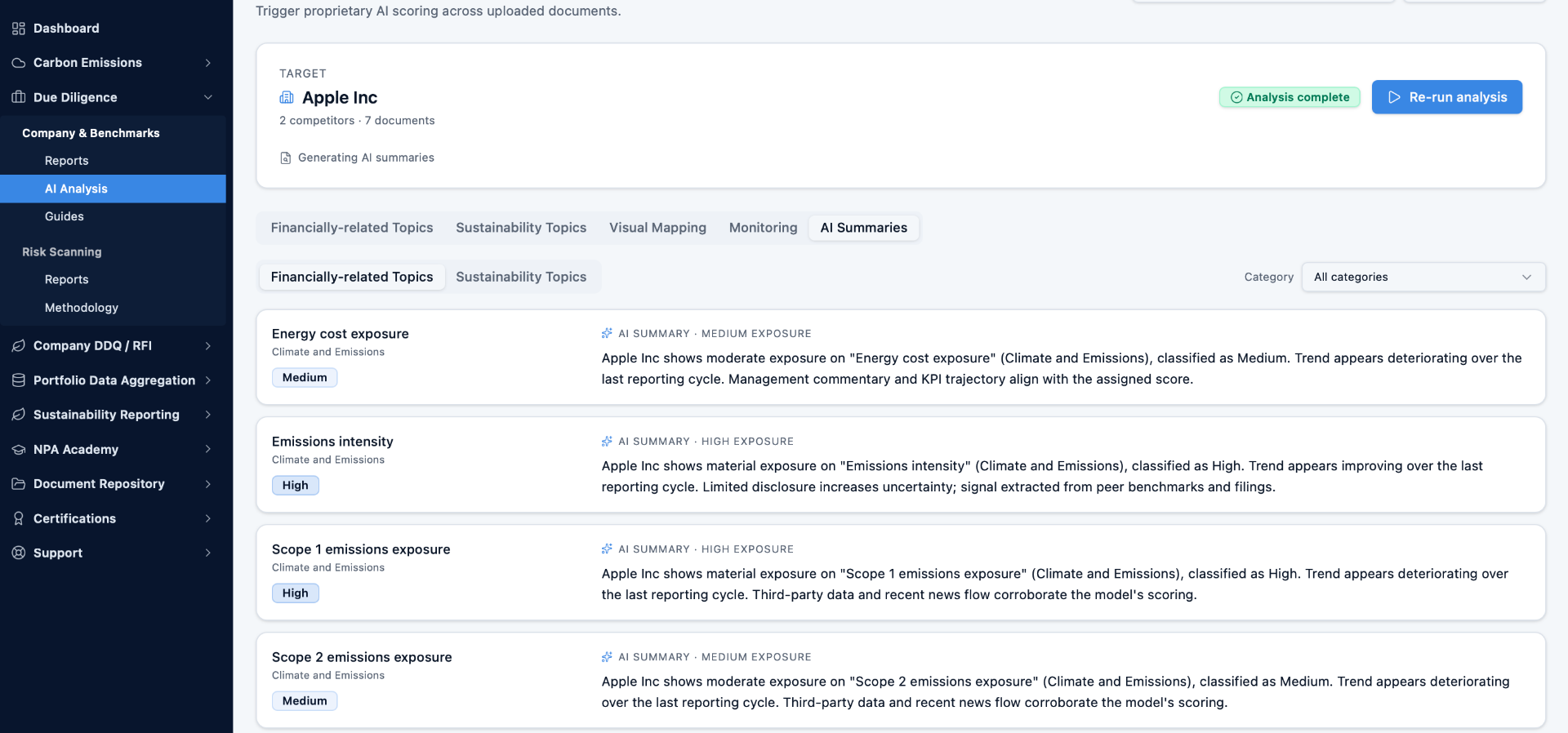 AI-written per-topic summaries for the target company across financially-related topics, showing exposure level and trend.
