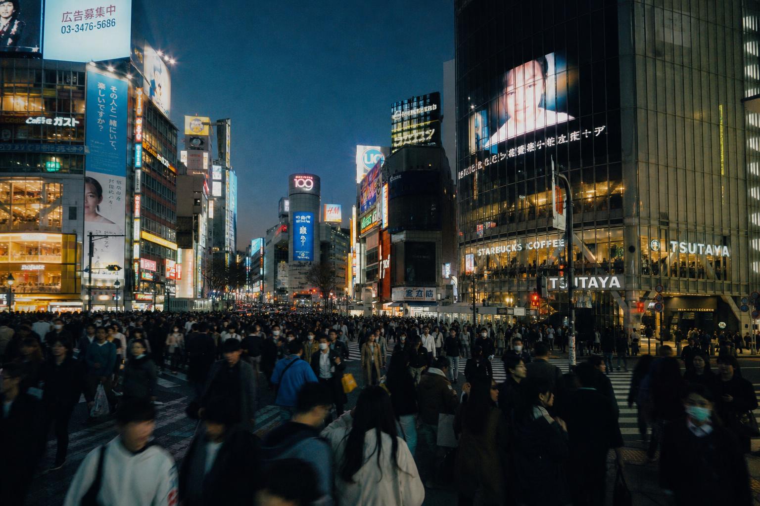 夜の渋谷交差点––活気あるグローバル金融・文化の中心地