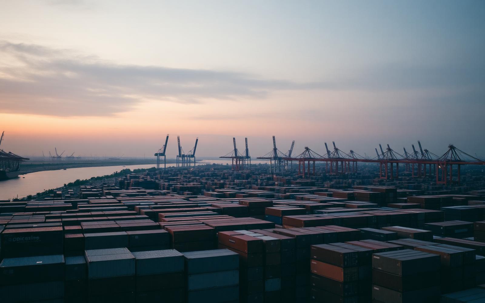 Cargo ships and shipping containers at a busy international port